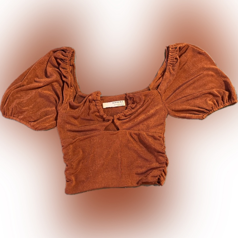 Sophie Rue Rust Orange Square-Neck Cropped Puff Sleeve Top